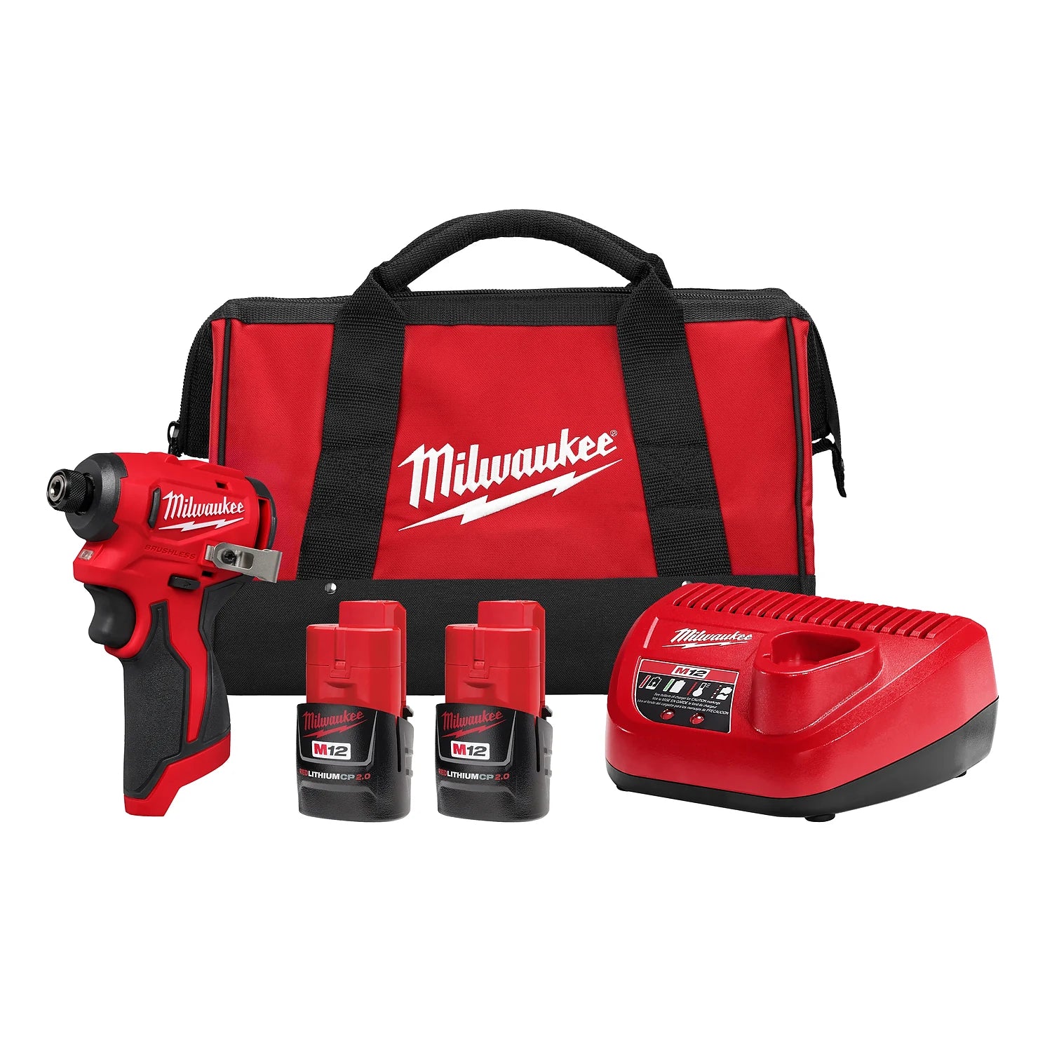 Image of an M12™ Subcompact Brushless 1/4" Hex Impact Driver Kit that includes a cordless impact driver, a charger, two M12 lithium-ion batteries, and a red and black carrying bag with the Milwaukee logo. The tool and accessories are positioned in front of the bag.