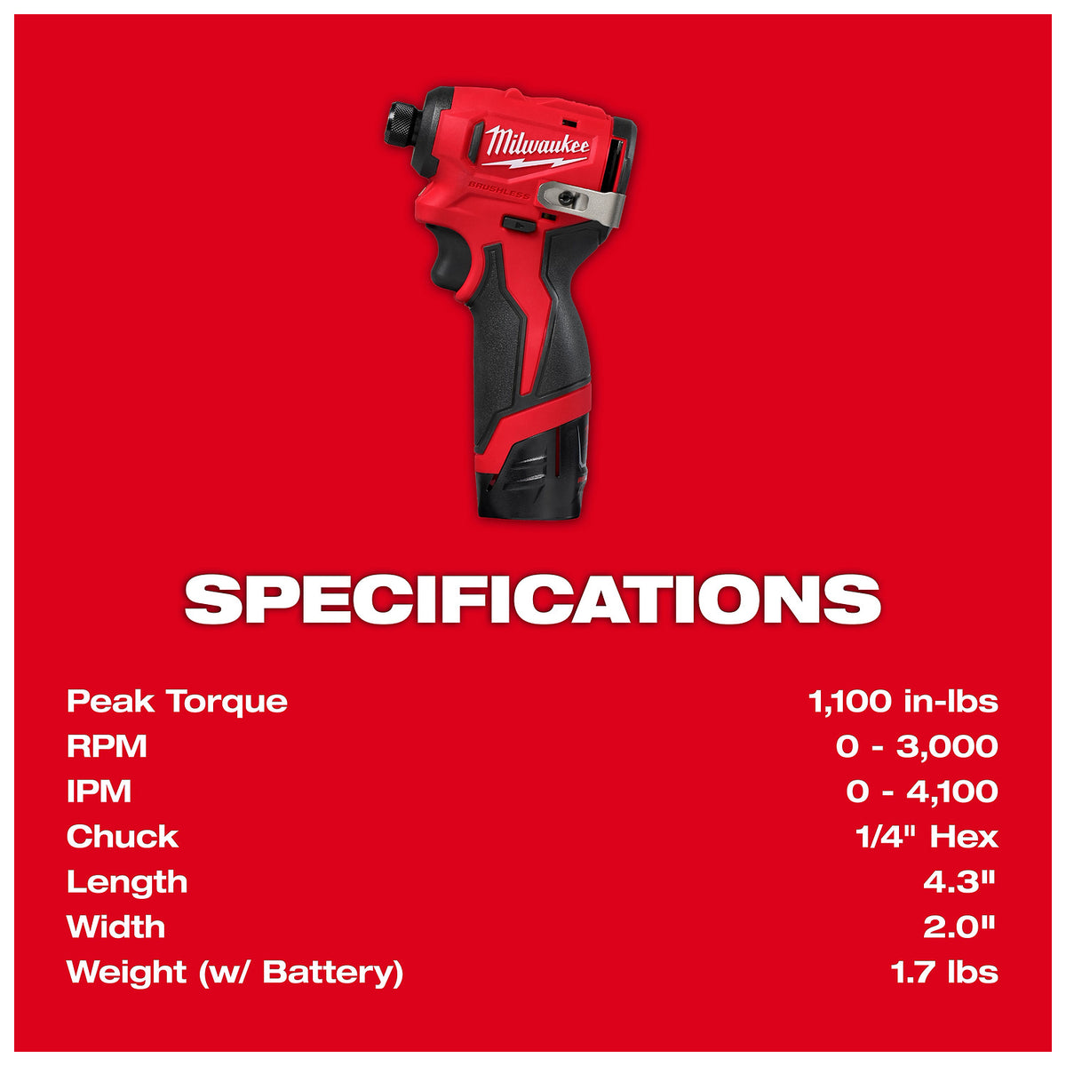 This image shows a Milwaukee power tool against a red background, with its specifications listed below: 1,100 in-lbs peak torque, 0-3,000 RPM, 0-4,100 IPM, 1/4" Hex chuck, 4.3" length, 2.0" width, and 1.7 lbs weight with battery.