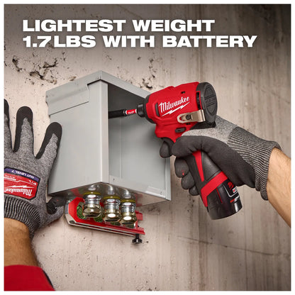A person wearing Milwaukee gloves uses a Milwaukee cordless screwdriver to work on an electrical box mounted on a concrete wall. Text at the top reads, "LIGHTEST WEIGHT 1.7LBS WITH BATTERY."