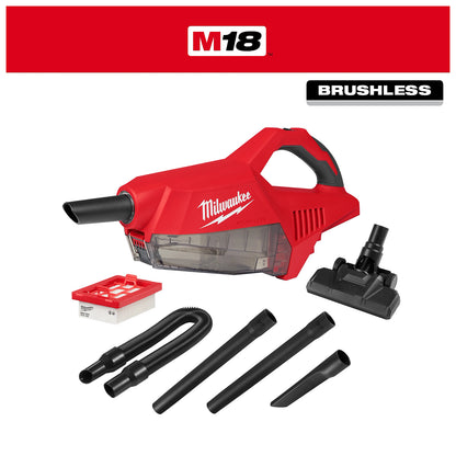 M18 Brushless Handheld Vacuum by Milwaukee, shown with several attachments including hose, extension wands, and filter.