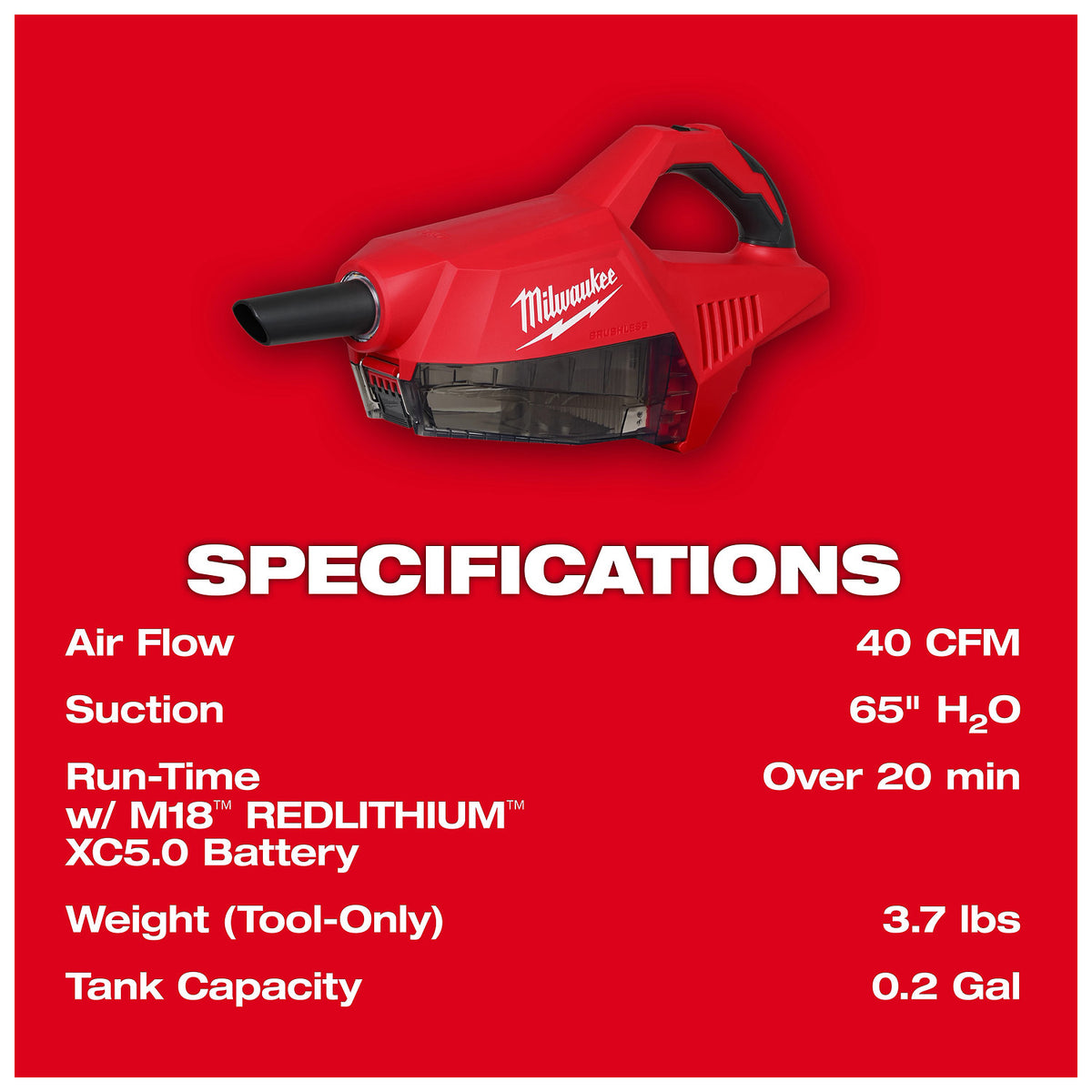 Red handheld vacuum cleaner labeled M18 Brushless Handheld Vacuum with specifications including 40 CFM airflow and 65" H2O suction.