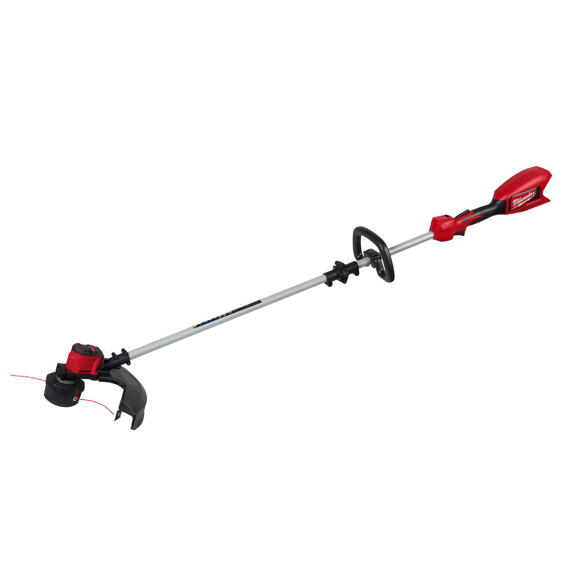 The M18™ Brushless String Trimmer displays a long, silver shaft with a red handle and motor housing. A black and red trimming head with a guard and spool of line is attached at the end. The trimmer features a front handle for support and ergonomic use.