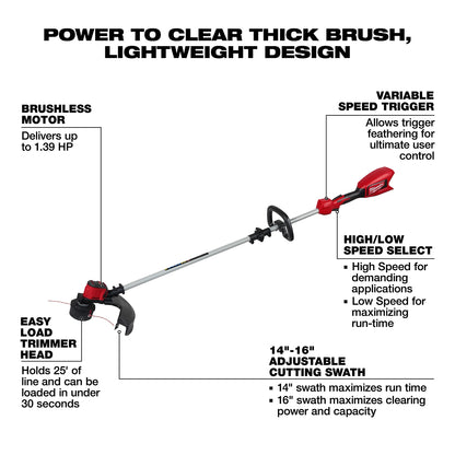 The M18 Brushless String Trimmer features a brushless motor, variable speed trigger, high/low speed select, easy load trimmer head, and 14"-16" adjustable cutting swath, designed to efficiently clear thick brush with its lightweight design.