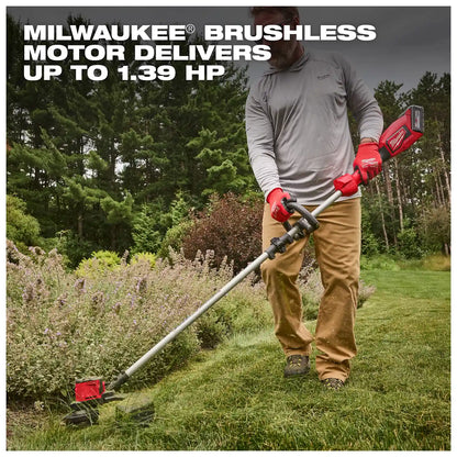 A person trims grass with the M18 Brushless String Trimmer, which has a powerful brushless motor delivering up to 1.39 horsepower. The trimmer features a red handle and is used in a well-maintained garden area surrounded by trees and shrubs.