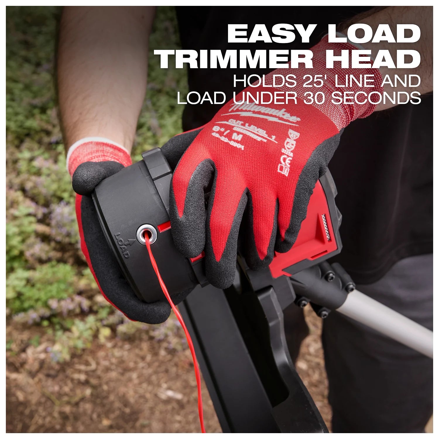 A person loads the trimmer head of the M18 Brushless String Trimmer. Text indicates the trimmer head holds 25 inches of line and can be loaded in under 30 seconds.
