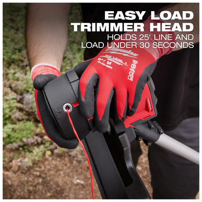 A person loads the trimmer head of the M18 Brushless String Trimmer. Text indicates the trimmer head holds 25 inches of line and can be loaded in under 30 seconds.
