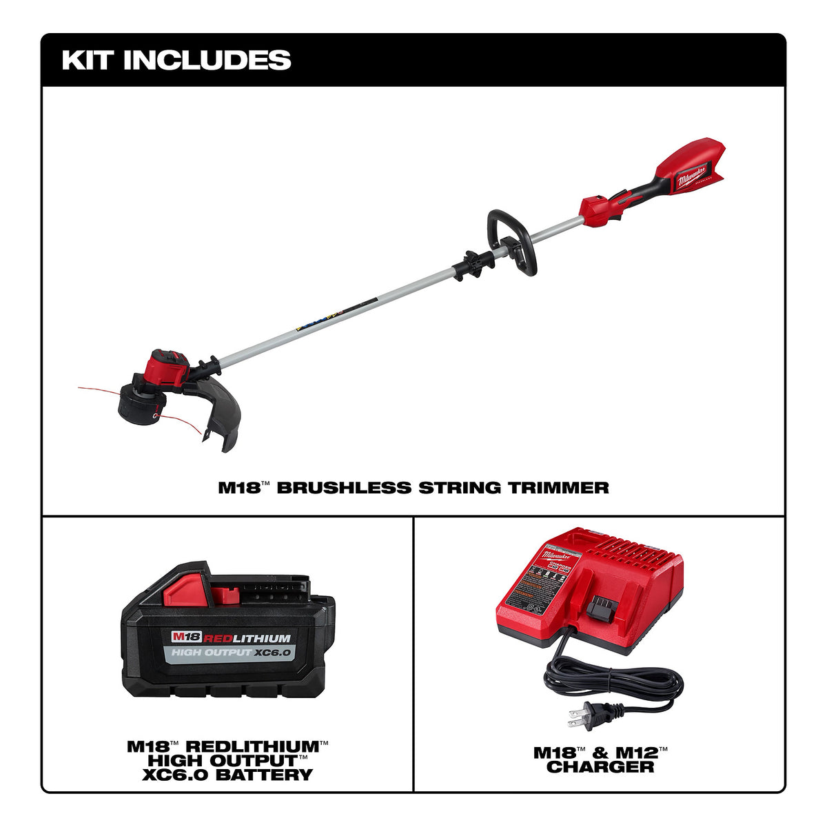 The M18 Brushless String Trimmer kit includes a red and black string trimmer, M18 REDLITHIUM™ High Output XC6.0 battery, and M18™ & M12™ charger. The trimmer has a long shaft with an adjustable handle.