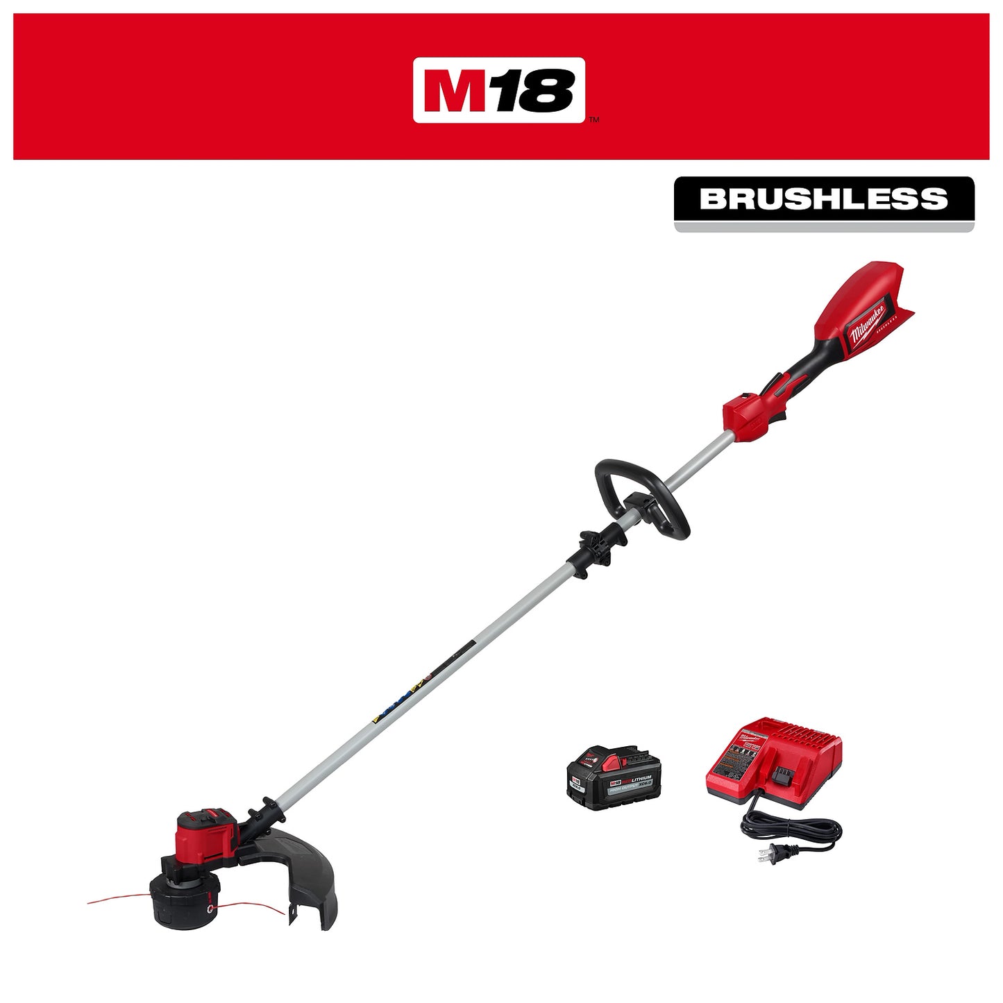 The M18 Brushless String Trimmer is shown with a battery and charger. The trimmer has a long shaft with a guard at the cutting head, a loop handle near the middle, and a red motor casing at the back.