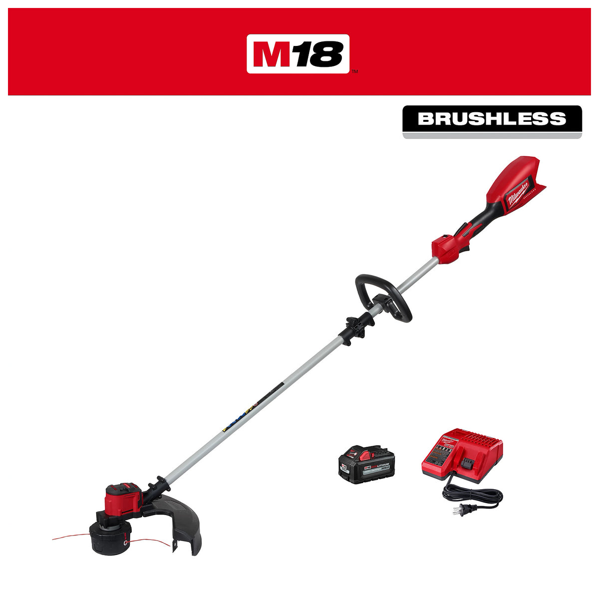 The M18 Brushless String Trimmer is shown with a battery and charger. The trimmer has a long shaft with a guard at the cutting head, a loop handle near the middle, and a red motor casing at the back.