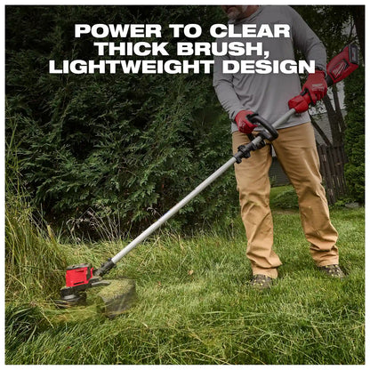 A man uses the M18 Brushless String Trimmer to cut grass in a yard. The tool features a red and black design, with text indicating its power to clear thick brush and a lightweight design.