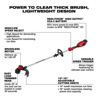 The M18 Brushless String Trimmer features a 14"-16" adjustable cutting swath, a REDLITHIUM High Output XC6.0 battery, a brushless motor up to 1.39 HP, high/low speed select, a variable speed trigger for control, and an easy-load trimmer head that holds 25' of line and loads in under 30 seconds.