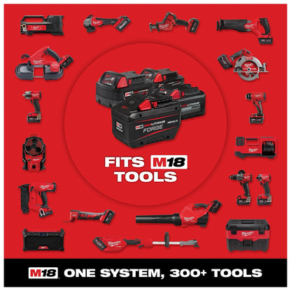 Milwaukee M18 system featuring multiple M18 REDLITHIUM batteries, surrounded by various M18 cordless tools including drills, saws, lights, and vacuums. The image highlights the compatibility of M18 batteries with over 300 tools. Text reads, “FITS M18 TOOLS” and “ONE SYSTEM, 300+ TOOLS.”