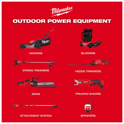 Milwaukee Outdoor Power Equipment displayed on a red background includes mowers, blowers, string trimmers, hedge trimmers, saws, pruning shears, an attachment system, and sprayers.