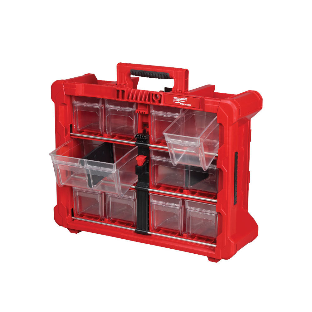 Red tool organizer with clear drawers on a white background