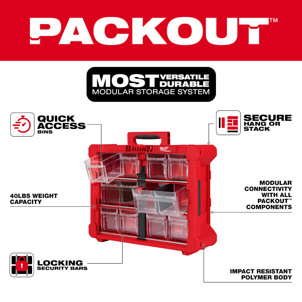 Red storage system with features highlighted on a red background, featuring the brand 'Packout'.
