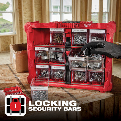 Red tool organizer with various hardware components on a wooden surface, featuring 'Locking Security Bars' text.