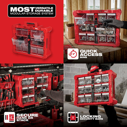 Red modular storage system with various features highlighted on a red background