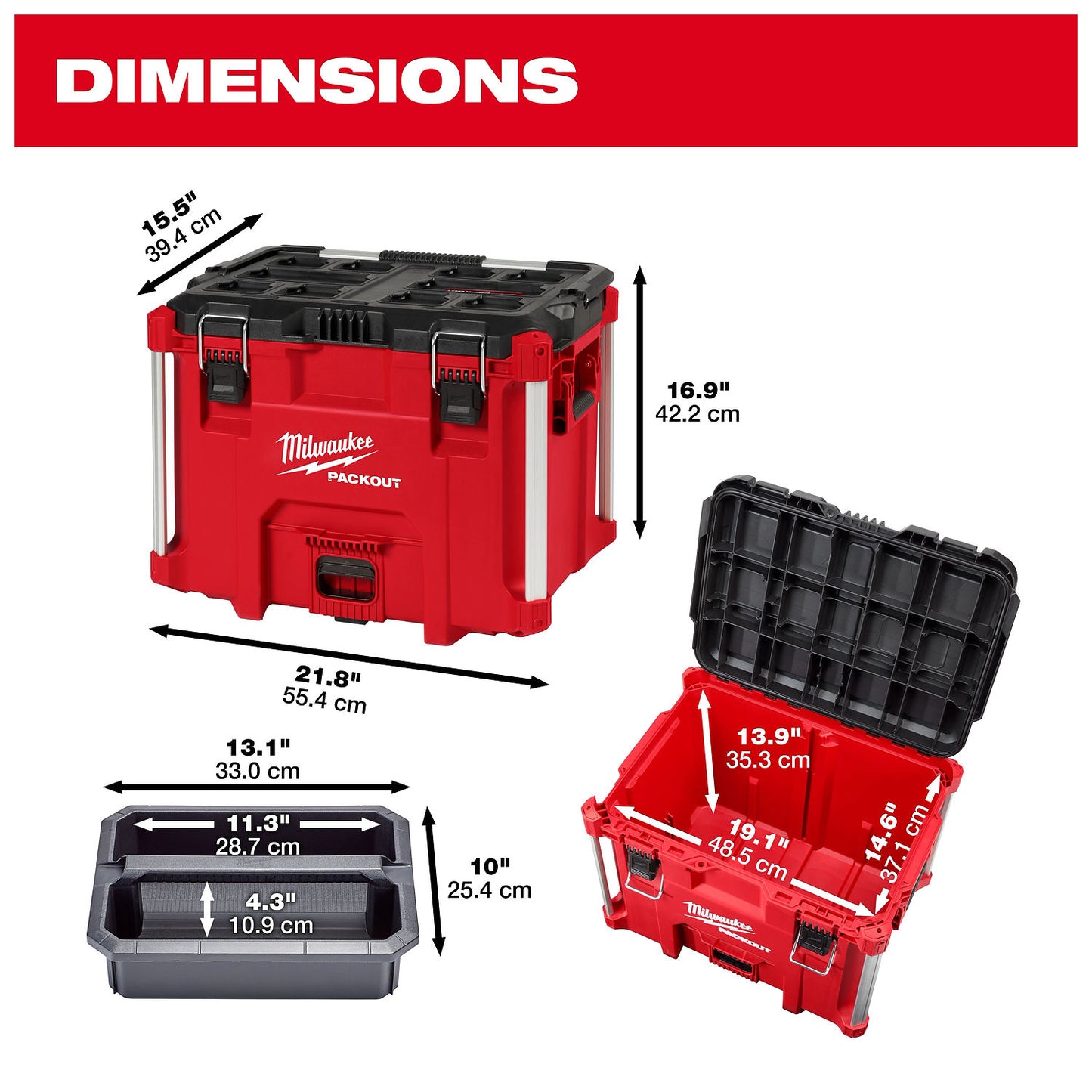 Milwaukee PACKOUT XL Tool Box exterior and interior dimensions