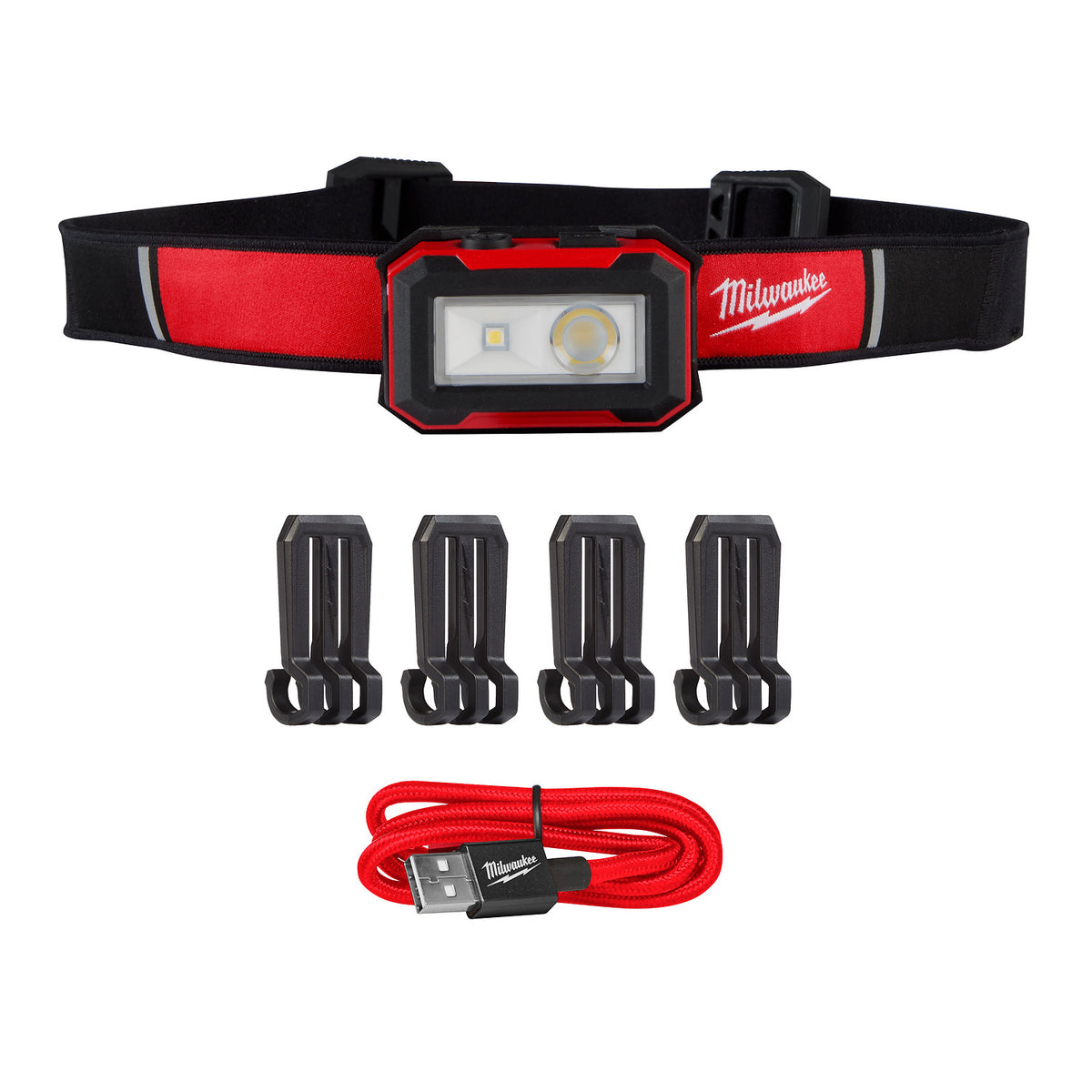 Milwaukee 2012R rechargeable magnetic headlamp kit with four hard hat clips and USB cable