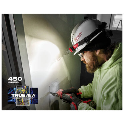 Milwaukee 2012R headlamp delivering 450 lumens of TRUEVIEW light on a jobsite