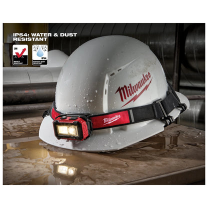 Milwaukee 2012R headlamp on a hard hat showing IP54 and two-metre impact resistance