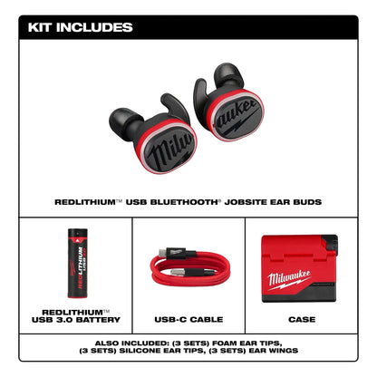 Kit includes bluetooth ear buds, USB 3.0 battery, USB-C cable, and case