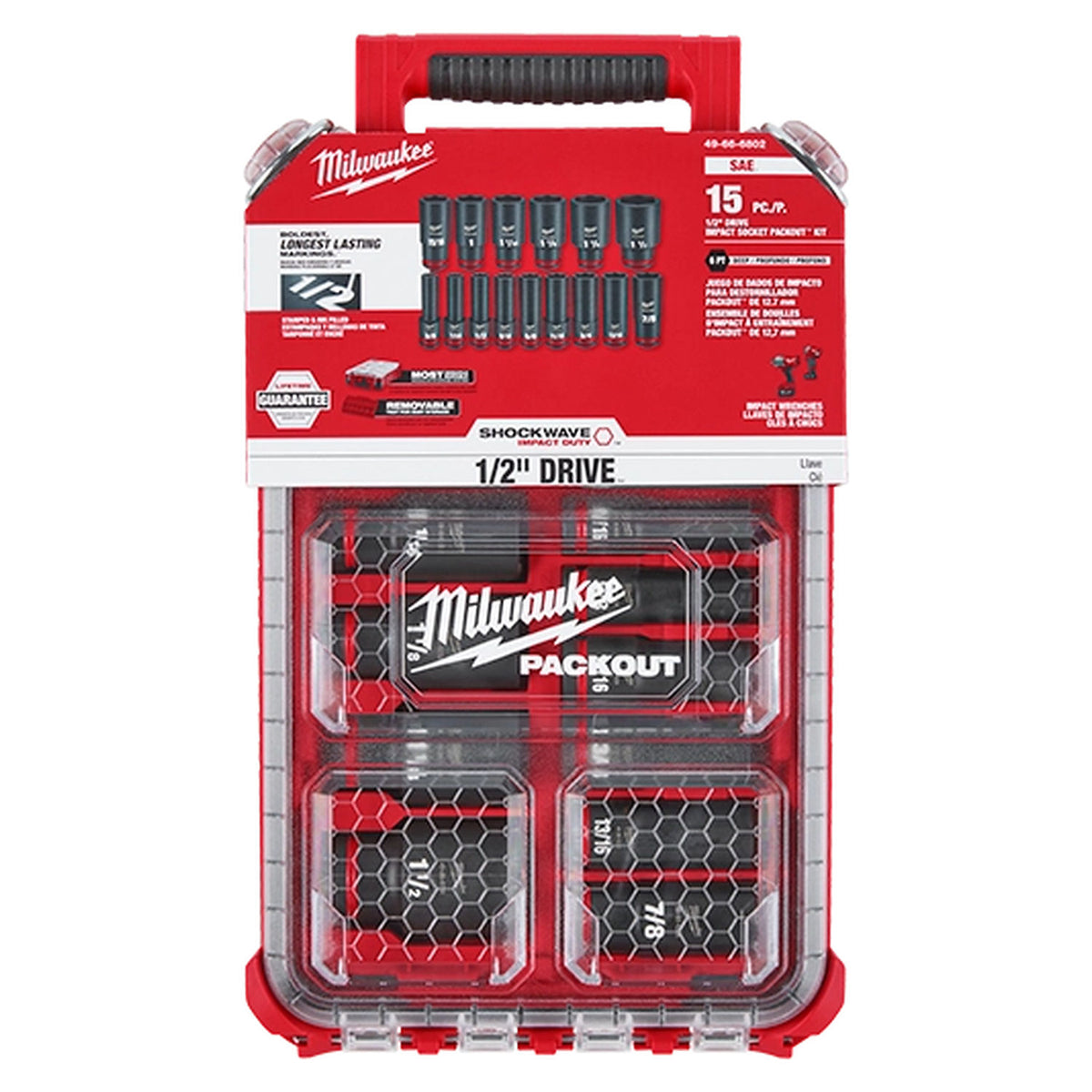 Milwaukee 15-piece SHOCKWAVE SAE socket set in PACKOUT organizer