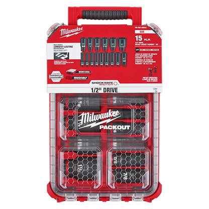 Milwaukee 15-piece SHOCKWAVE SAE socket set in PACKOUT organizer