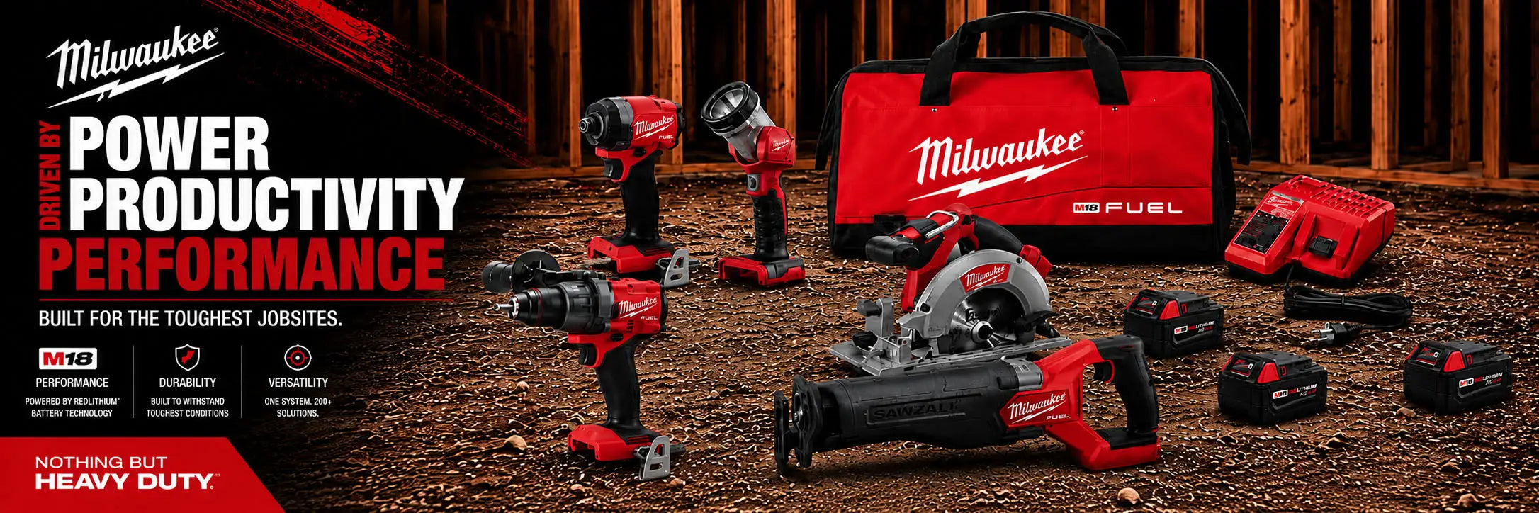 Milwaukee power tools including drills and a saw on a wooden floor with branding