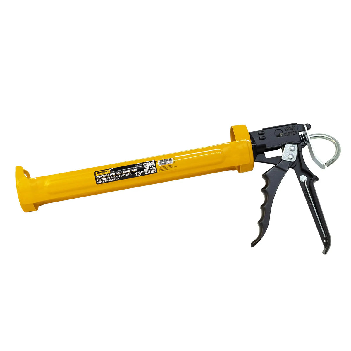 A yellow and black caulking gun with a metal hanging loop, shown on a plain white background.