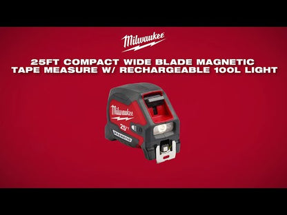 Milwaukee 25' Compact Wide Blade Magnetic Tape Measure with Rechargeable 100 Lumen Light