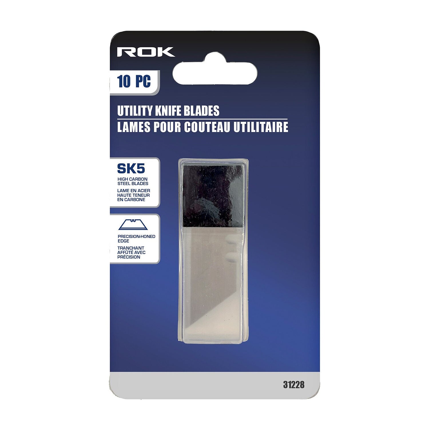 ROK 10pc Utility Knife Blades – 10-piece SK5 utility knife blade pack and dispenser on a white background