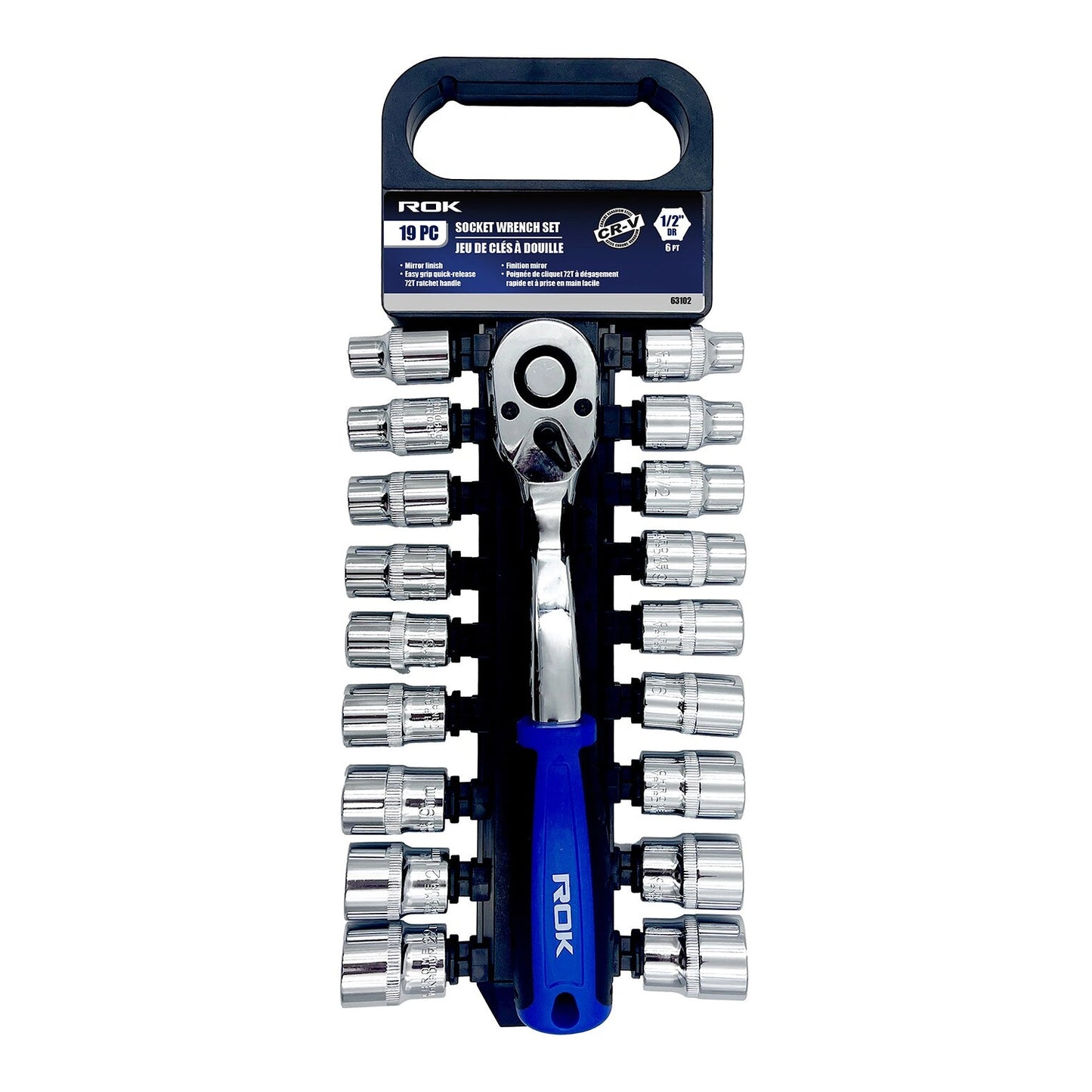 ROK 19pc 1/2in Ratchet Drive SAE/Metric Socket Set – 19-piece 1/2-inch drive SAE and metric socket set in its case