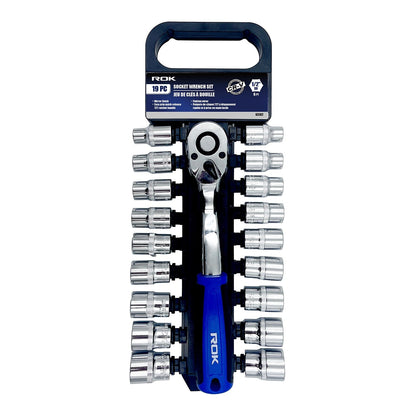 ROK 19pc 1/2in Ratchet Drive SAE/Metric Socket Set – 19-piece 1/2-inch drive SAE and metric socket set in its case
