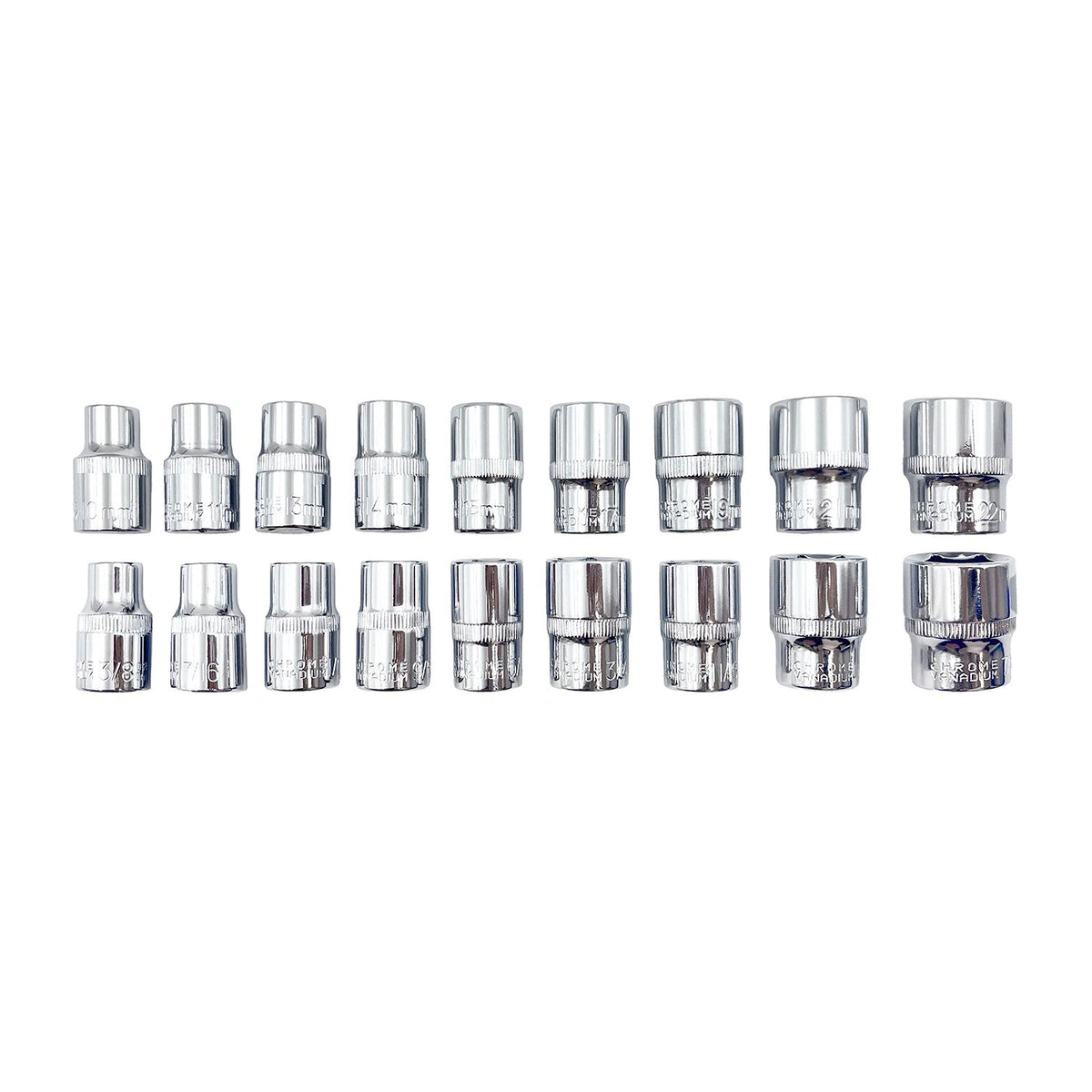 ROK 19pc 1/2in Ratchet Drive SAE/Metric Socket Set – 1/2-inch ratchet and SAE and metric sockets arranged for identification