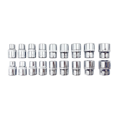 ROK 19pc 1/2in Ratchet Drive SAE/Metric Socket Set – 1/2-inch ratchet and SAE and metric sockets arranged for identification