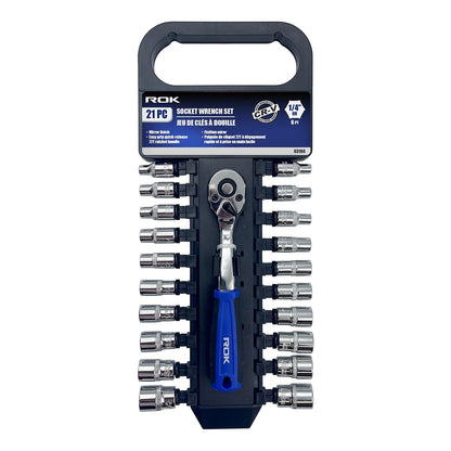ROK 21pc 1/4in Ratchet Drive SAE/Metric Socket Set – 21-piece 1/4-inch drive SAE and metric socket set in its case
