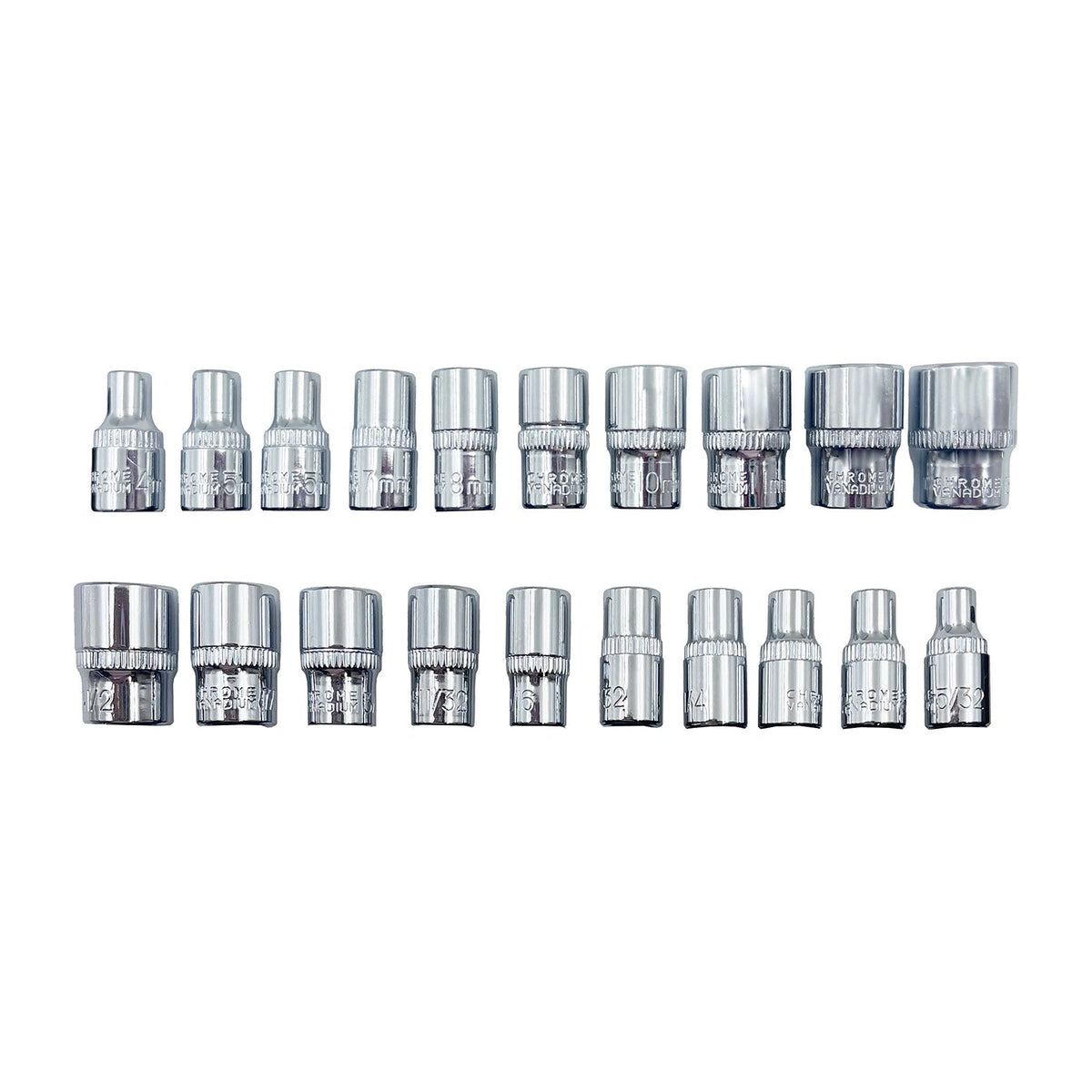 ROK 21pc 1/4in Ratchet Drive SAE/Metric Socket Set – 1/4-inch ratchet and SAE and metric sockets arranged for identification
