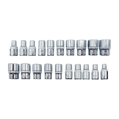 ROK 21pc 1/4in Ratchet Drive SAE/Metric Socket Set – 1/4-inch ratchet and SAE and metric sockets arranged for identification