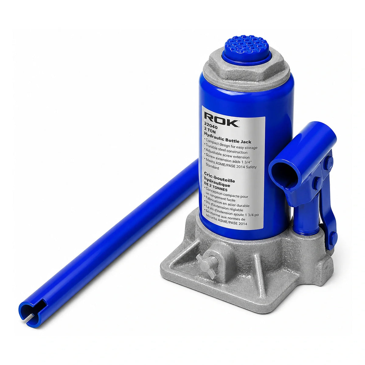ROK 22040 2-ton hydraulic bottle jack with pump handle on a white background