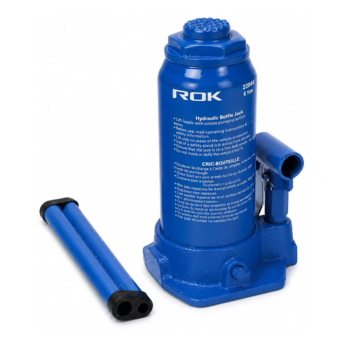 ROK 22044 6-ton hydraulic bottle jack with pump handle on a white background