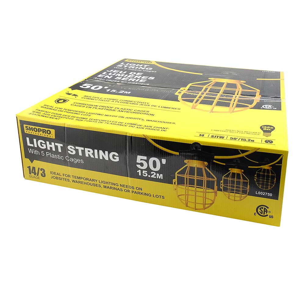 SHOPRO 14/3 SJTW 50' String Light with 5 Plastic Cages