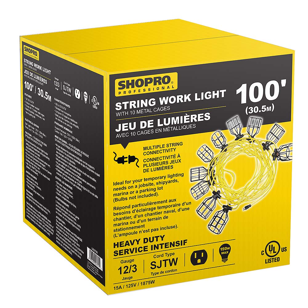 SHOPRO 12/3 SJTW 100' String Light with 10 Metal Cages