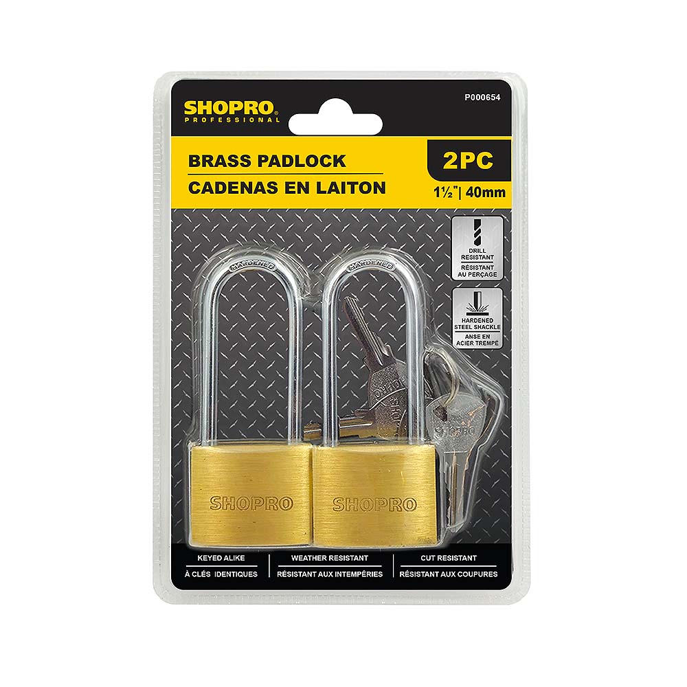 SHOPRO 1-1/2in Long Shackle Brass Padlocks - 2pk