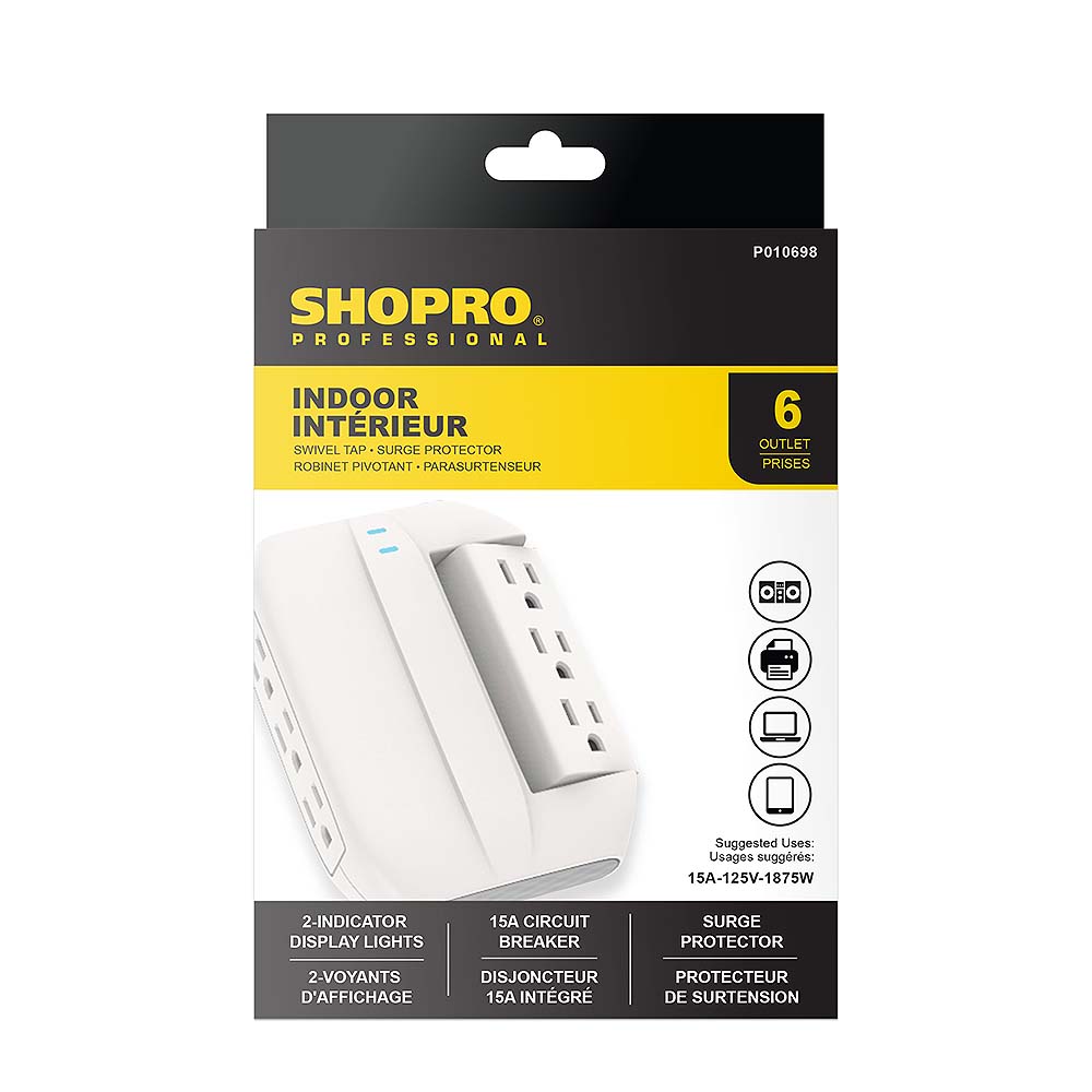 SHOPRO 6-Outlet Swivel Power Wall Tap with Surge Protector