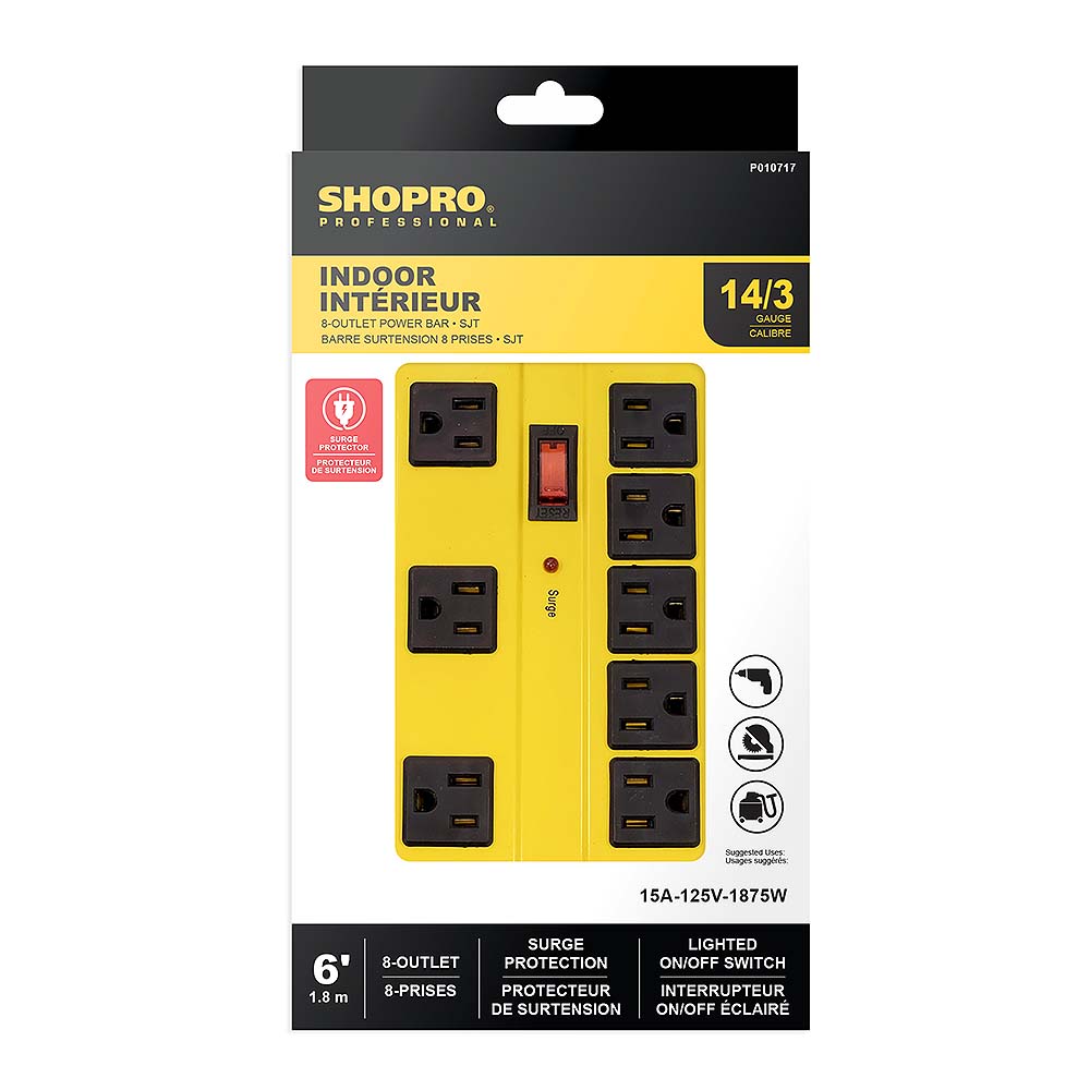 SHOPRO 6' 8-Outlet Power Bar with Surge Protector