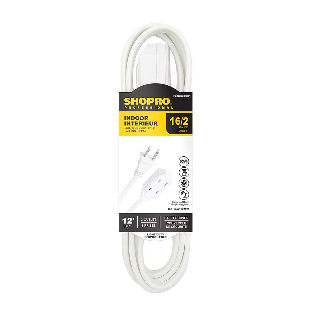 SHOPRO 12' 16/2 SPT-2 Indoor Extension Cord
