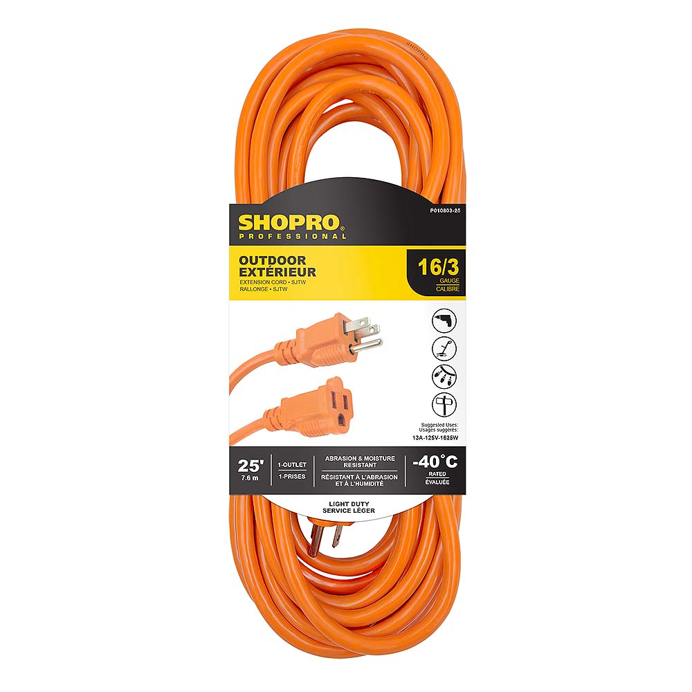 SHOPRO 25' 16/3 SJTW Outdoor Extension Cord - Orange