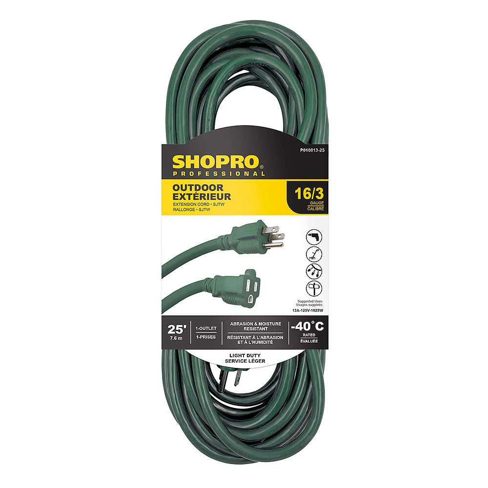SHOPRO 25' 16/3 SJTW Outdoor Extension Cord - Green