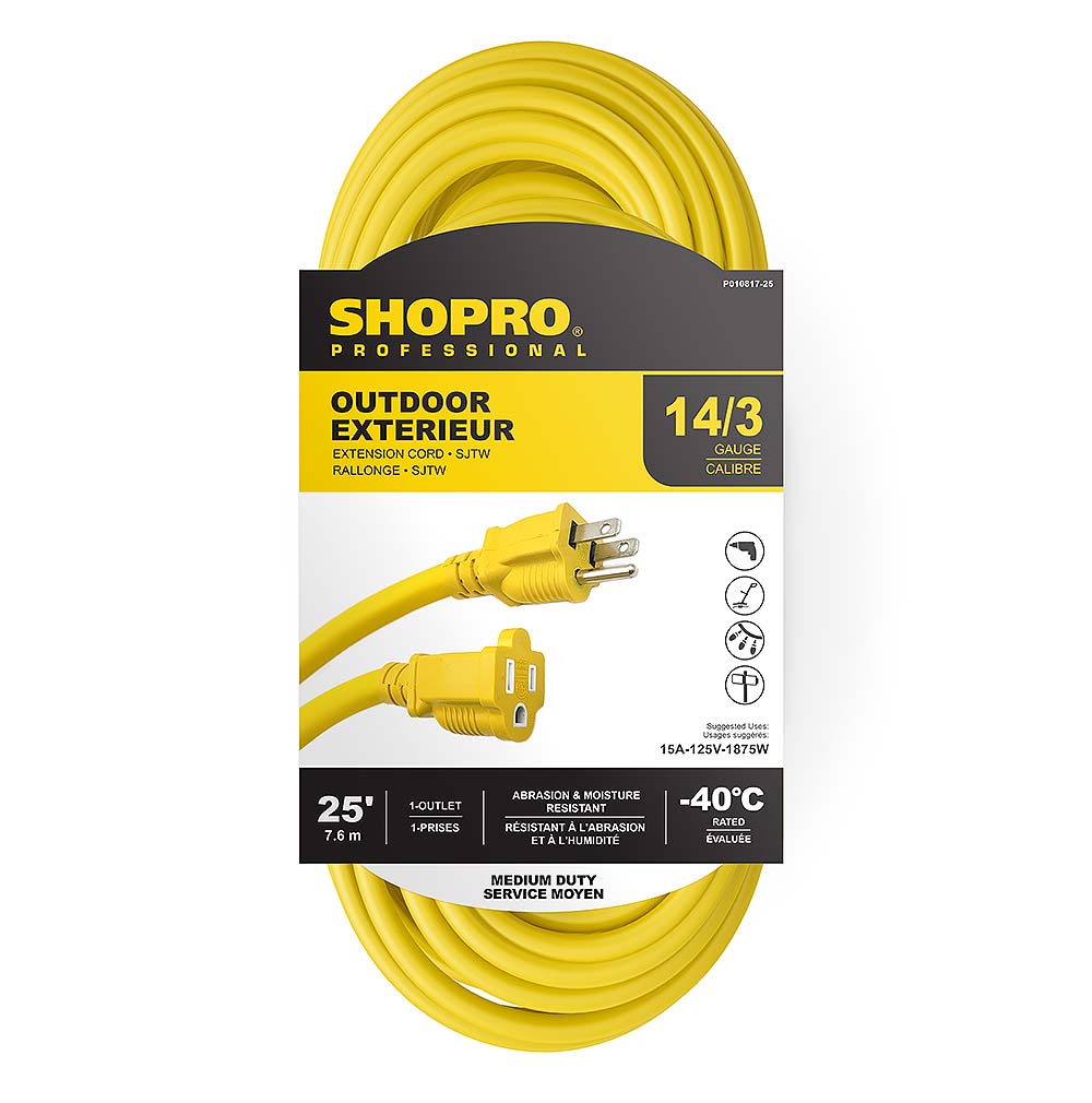 SHOPRO 25' 14/3 SJTW Outdoor Extension Cord - Yellow